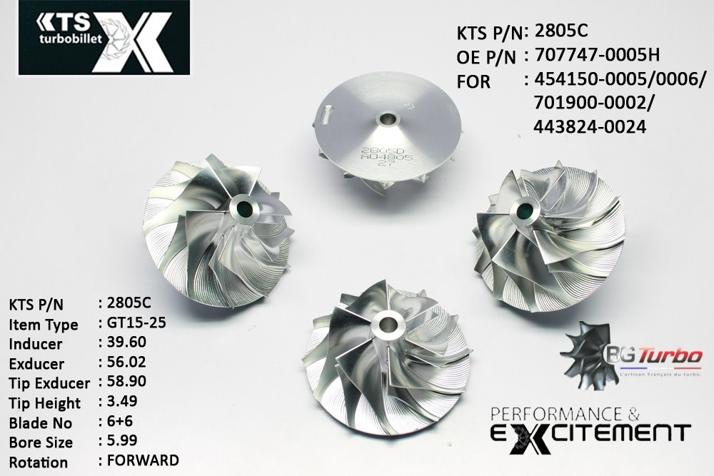 Turbo ROUE FORGÉE MFS PERFORMANCE - 6+6 PALES - INDUCER : 39,6 - EXDUCER : 56,02 - TYPE : GT15-25ANGLE : 60° - ROTATION : Forward - SUPER BACK : 2,39 - BORE SIZE : 5,99
